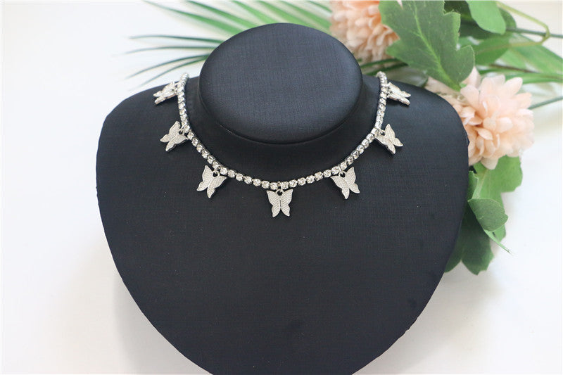 Alloy Butterfly Pendant Rhinestone Single Row Diamond Chain Necklace Necklace