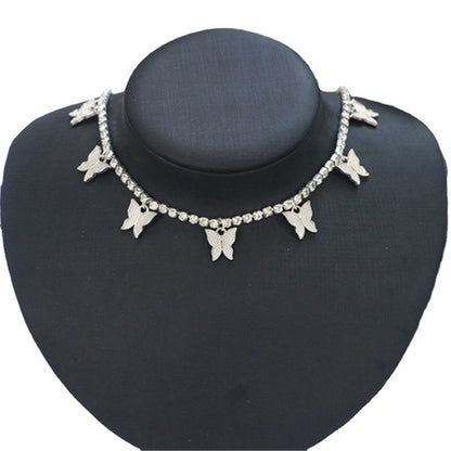 Alloy Butterfly Pendant Rhinestone Single Row Diamond Chain Necklace Necklace