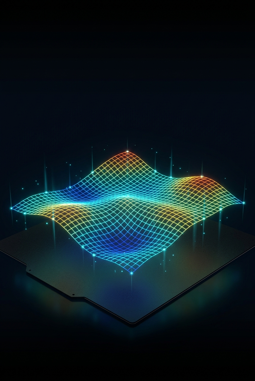 Glowing 3D bed-mesh heatmap floating over a build plate